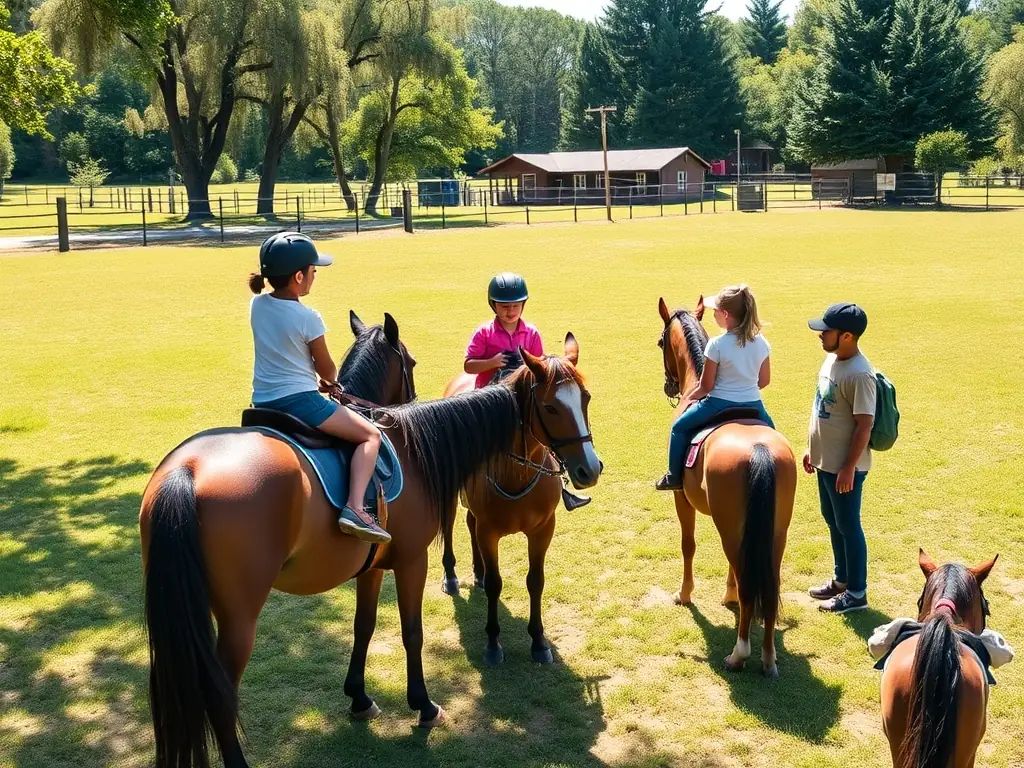 Children and teenagers participating in a riding lesson outdoors with instructors and ponies, highlighting CDEA's Youth and Community Programs.