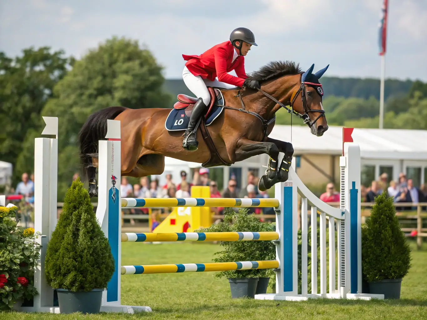 A dynamic shot of an equestrian competition, showcasing riders and horses in action during a show jumping event. The image should capture the excitement, skill, and precision involved in equestrian sports.