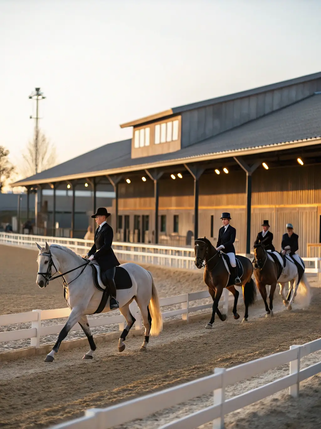 An image of riders participating in a dressage training session, focusing on precision and elegance, with an experienced instructor providing guidance, representing CDEA's equestrian training programs.