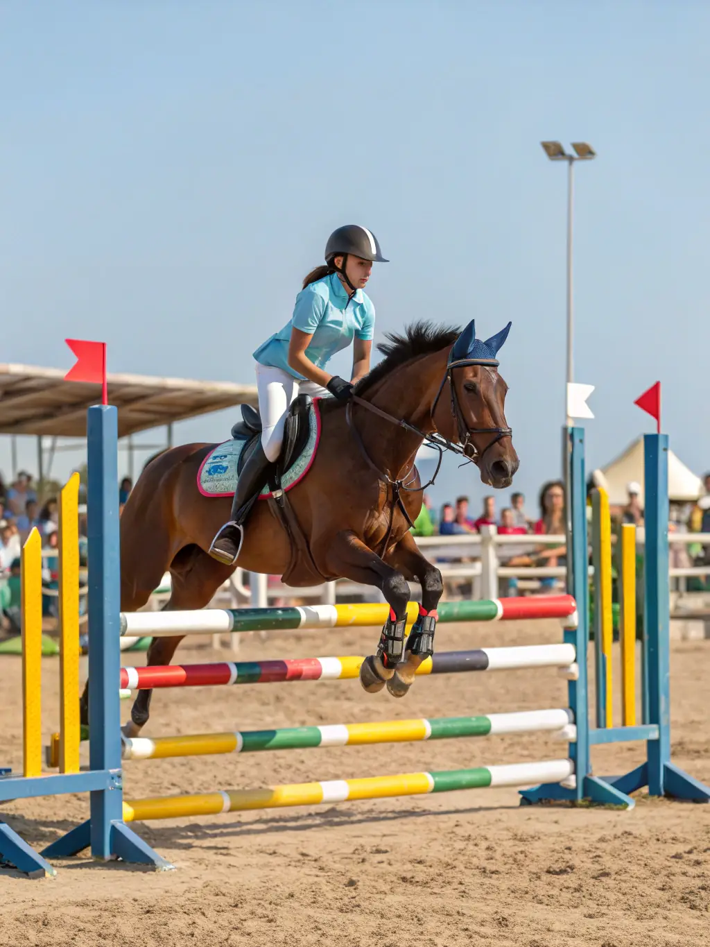 A dynamic shot of a horse show jumping competition, capturing the horse mid-air over a challenging obstacle, with a crowd of spectators in the background, showcasing the excitement of CDEA's organized equestrian events.