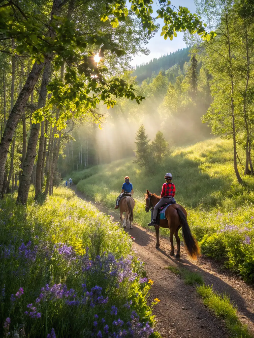 A scenic image of a group of riders on horseback enjoying a leisurely trail ride through the Aveyron countryside, emphasizing the community rides organized by CDEA.