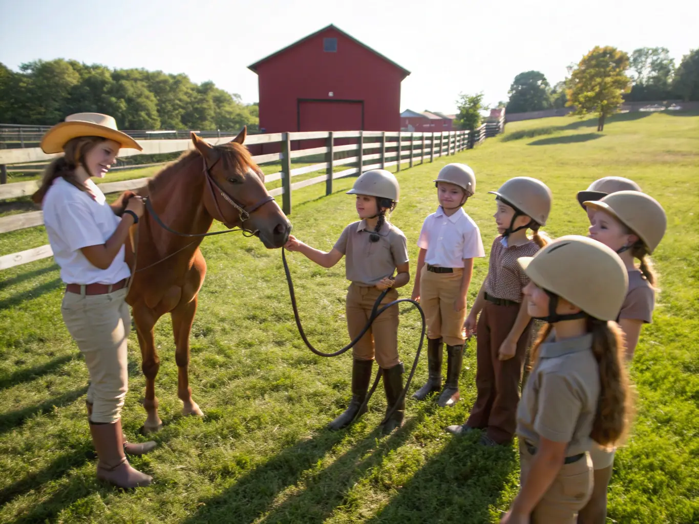 A group of children interacting with horses in a supervised setting, participating in a youth equestrian program. The image should highlight the educational and recreational aspects of the program, emphasizing teamwork and healthy outdoor activities.