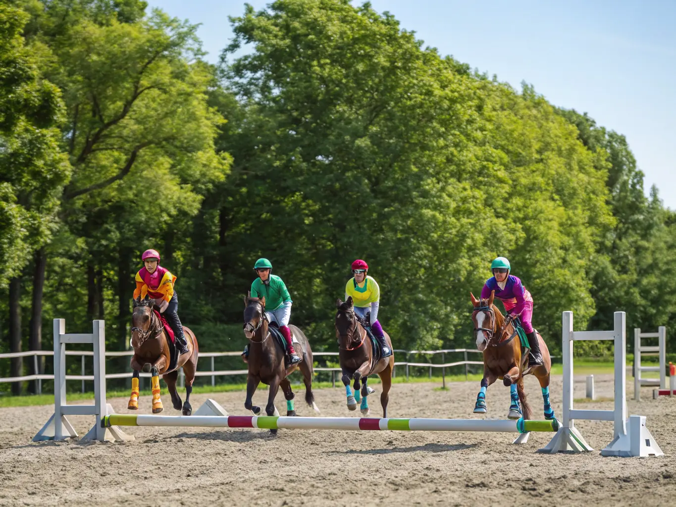 A vibrant scene of riders competing in a show jumping event with spectators cheering, representing CDEA's Organized Equestrian Events.