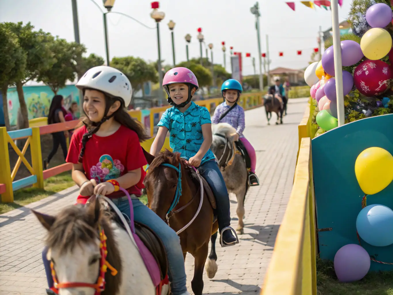 A group of young riders participating in a beginner's equestrian training session, focusing on basic horsemanship skills in a safe, enclosed arena. The image should convey a sense of learning, fun, and teamwork.