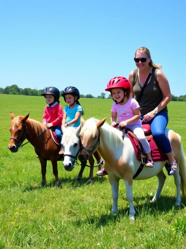 A group of young riders participating in a pony riding session, with instructors guiding them, set against a backdrop of green fields, highlighting CDEA's youth and community programs.